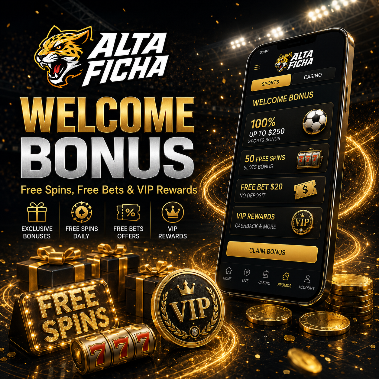 Altaficha welcome bonus with free spins, free bets and VIP rewards