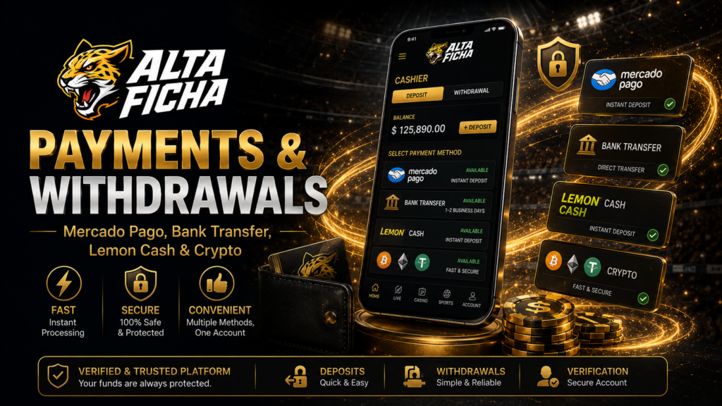 Altaficha deposits and withdrawals with Mercado Pago, bank transfer, Lemon Cash and crypto