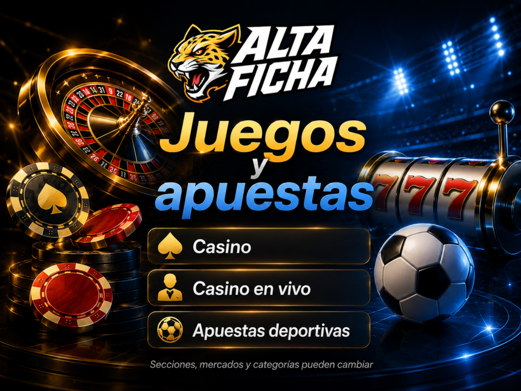 Imagen sobre las secciones de casino, casino en vivo y apuestas deportivas disponibles en Altaficha, con estética de casino y deporte.