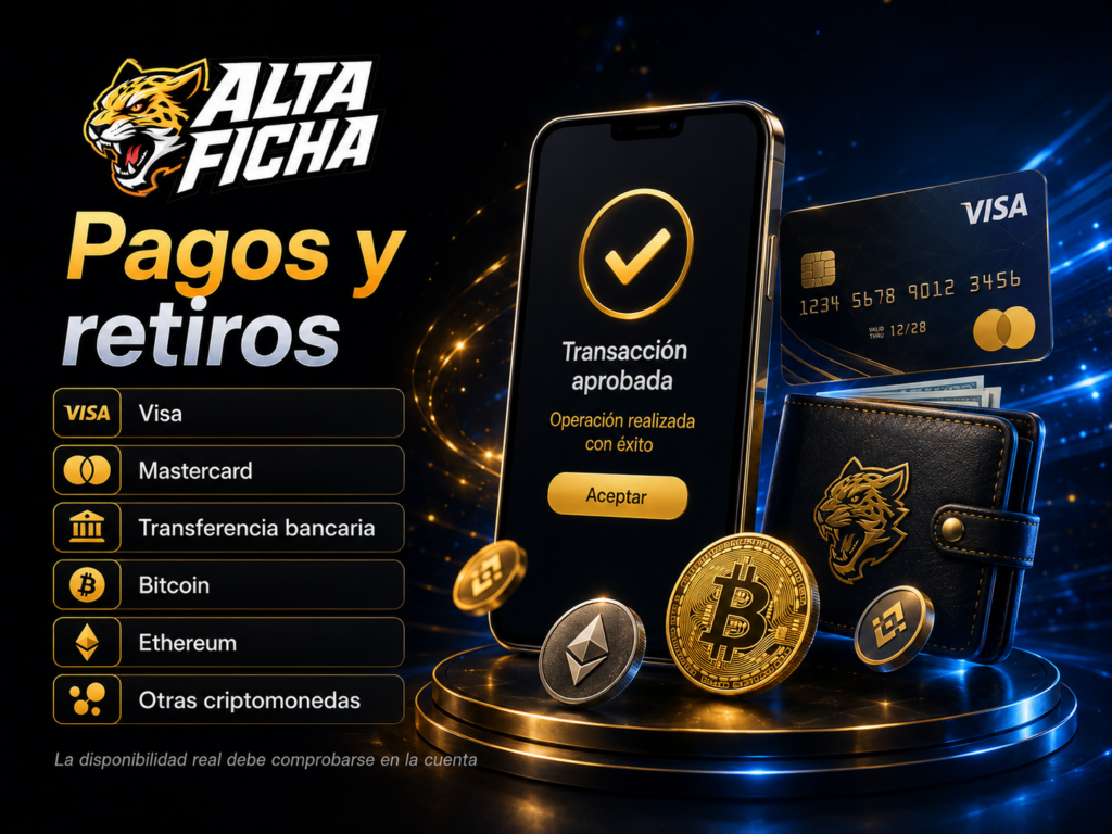 Imagen sobre métodos de pago y retiro mencionados en reseñas externas, incluyendo tarjetas, transferencia bancaria y criptomonedas, con aviso de comprobar disponibilidad en la cuenta.
