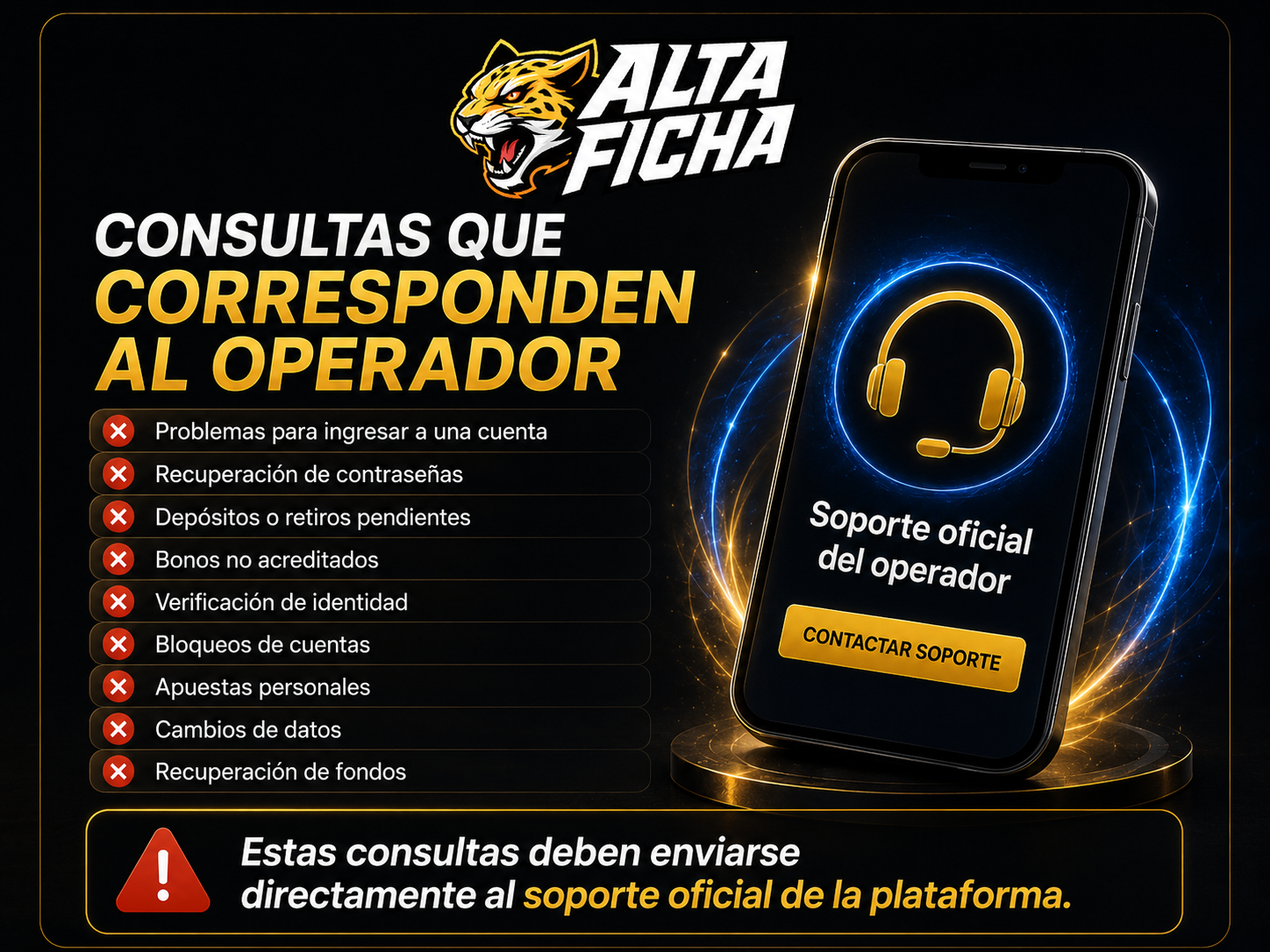 Imagen informativa que indica qué consultas deben enviarse al soporte oficial de la plataforma, como cuentas, contraseñas, depósitos, retiros, bonos o verificación.
