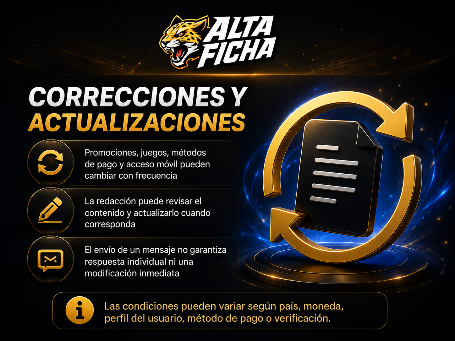 Imagen sobre la revisión editorial de información que puede cambiar, como promociones, juegos, métodos de pago, límites y acceso móvil.