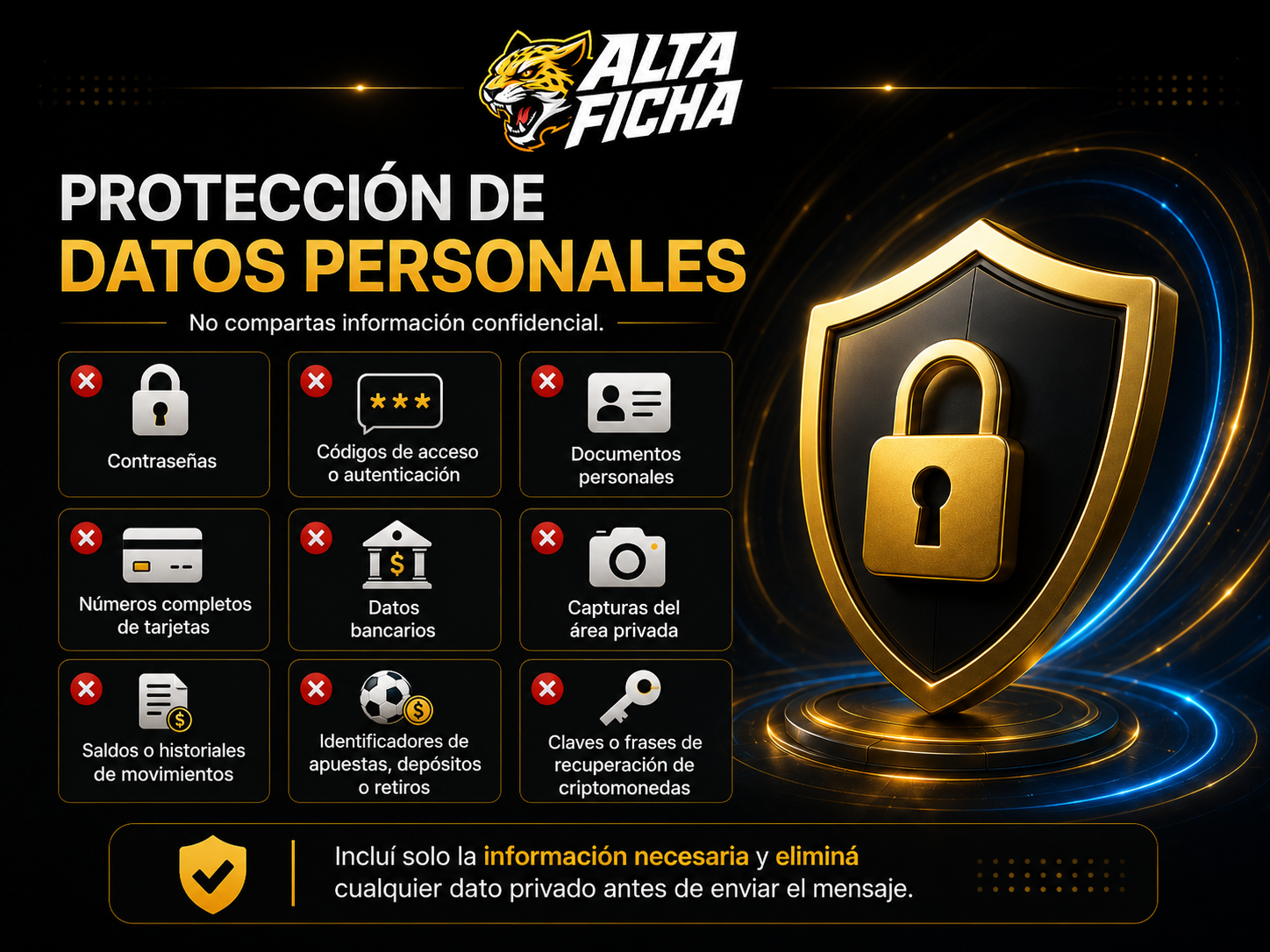 	Imagen de advertencia sobre no compartir información confidencial en el formulario, como contraseñas, documentos, datos bancarios, tarjetas o claves de criptomonedas.