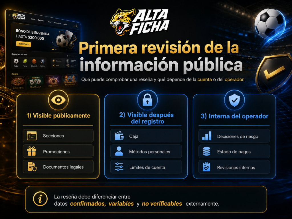 Imagen explicativa sobre la primera etapa de revisión: diferenciar entre datos visibles públicamente, información disponible después del registro y datos internos del operador.