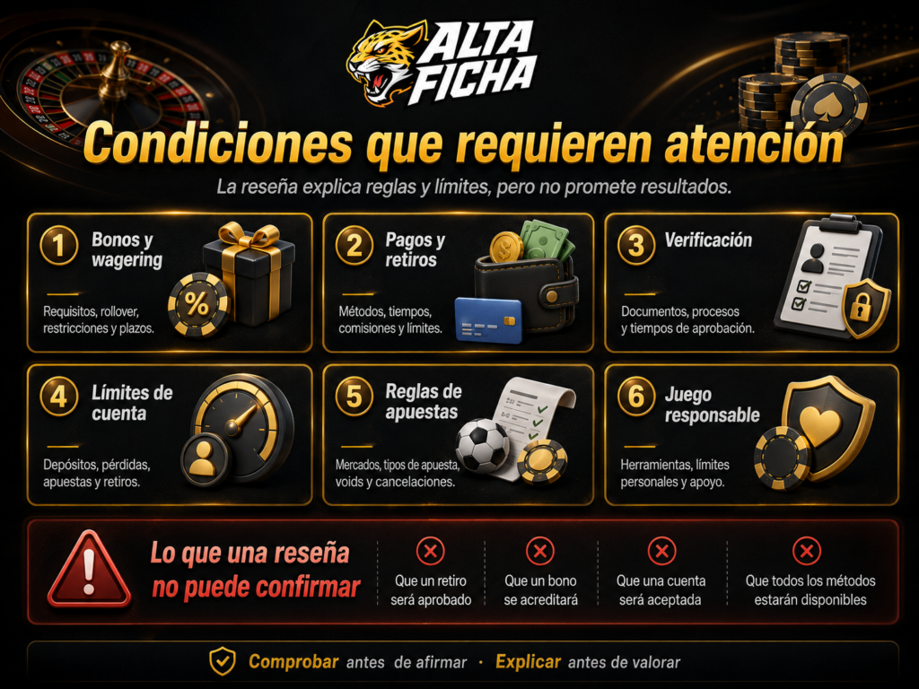 Imagen informativa sobre los puntos que una reseña debe revisar con cuidado: bonos, wagering, pagos, retiros, verificación, límites de cuenta, reglas de apuestas y juego responsable.