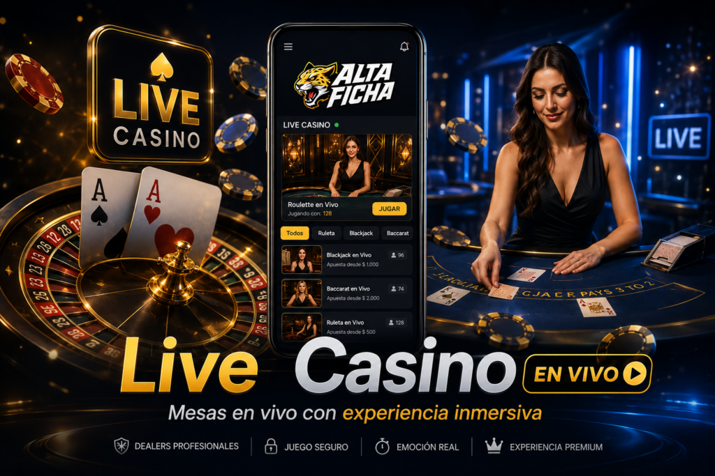 Interfaz de Altaficha Live Casino con crupier en vivo, ruleta, cartas y fichas