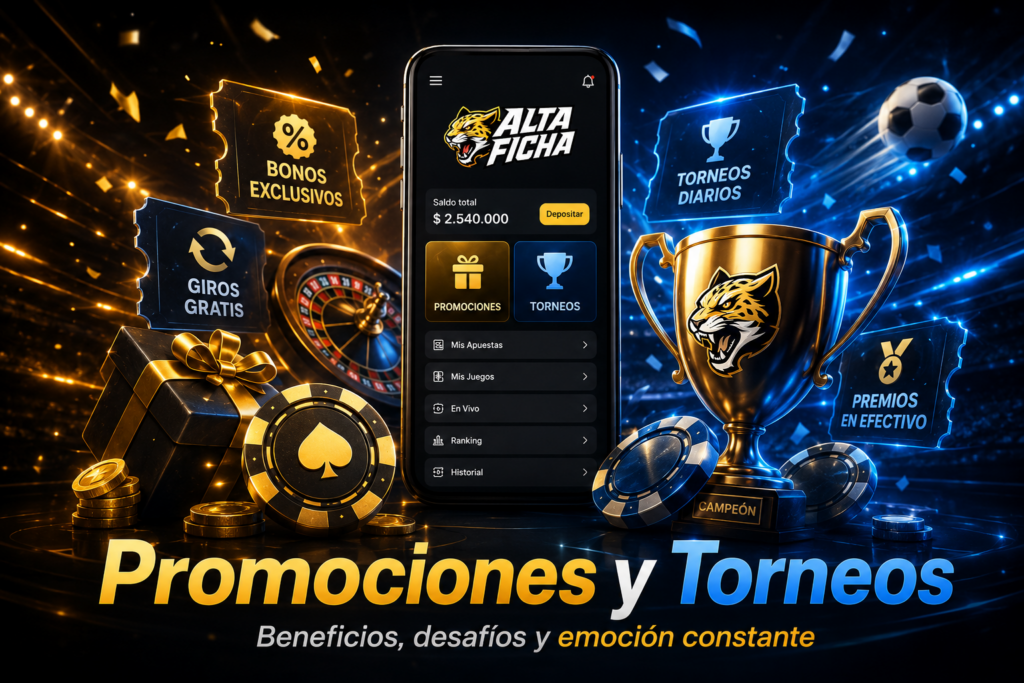Pantalla de Altaficha con promociones, torneos, bonos, giros gratis, trofeo y premios