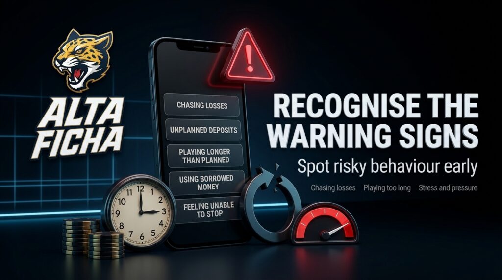 Altaficha warning signs interface showing chasing losses, unplanned deposits and loss of control