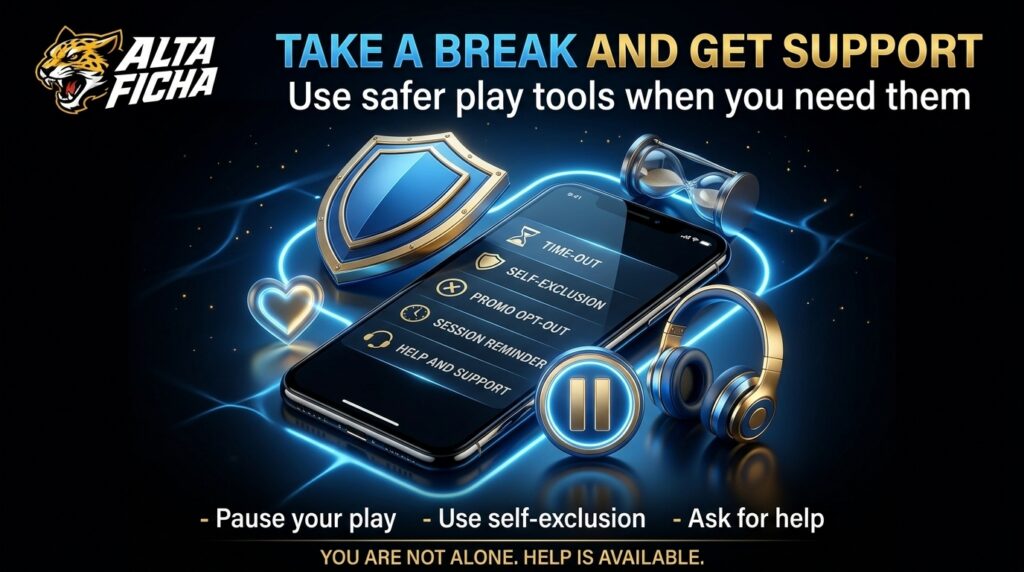 Altaficha support tools with time-out, self-exclusion, promo opt-out and help options