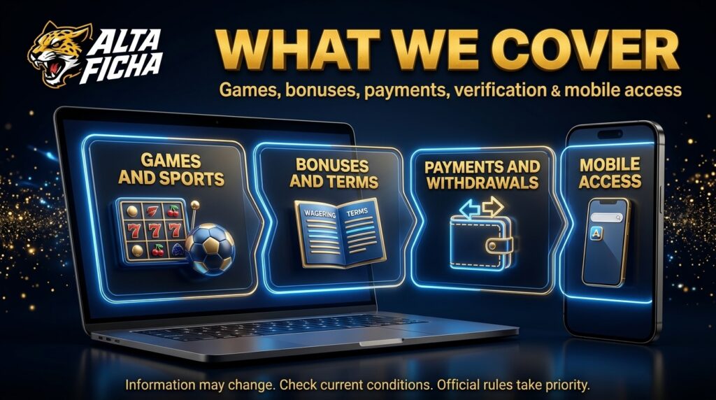 Altaficha information panels about games, bonuses, payments, withdrawals and mobile access