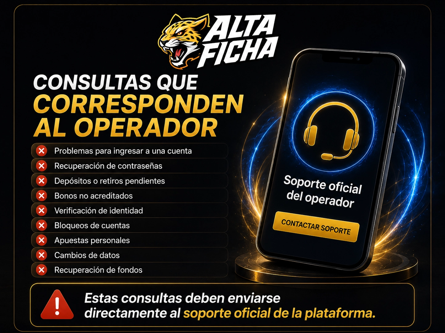 Imagen informativa que indica qué consultas deben enviarse al soporte oficial de la plataforma, como cuentas, contraseñas, depósitos, retiros, bonos o verificación.