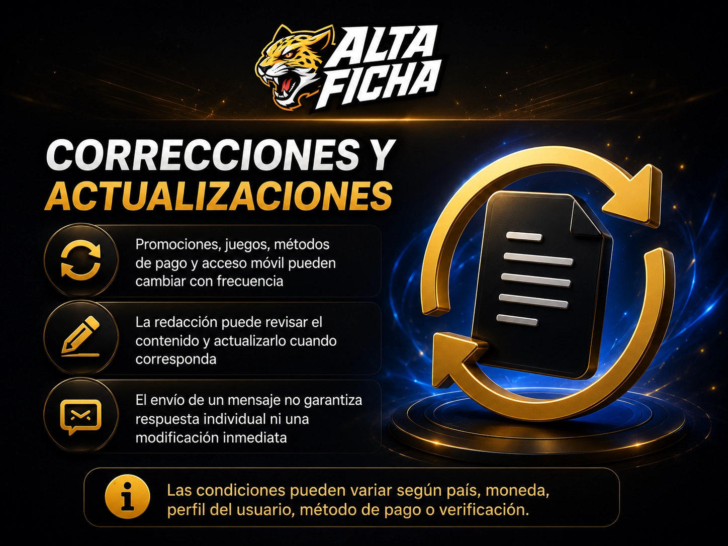Imagen sobre la revisión editorial de información que puede cambiar, como promociones, juegos, métodos de pago, límites y acceso móvil.