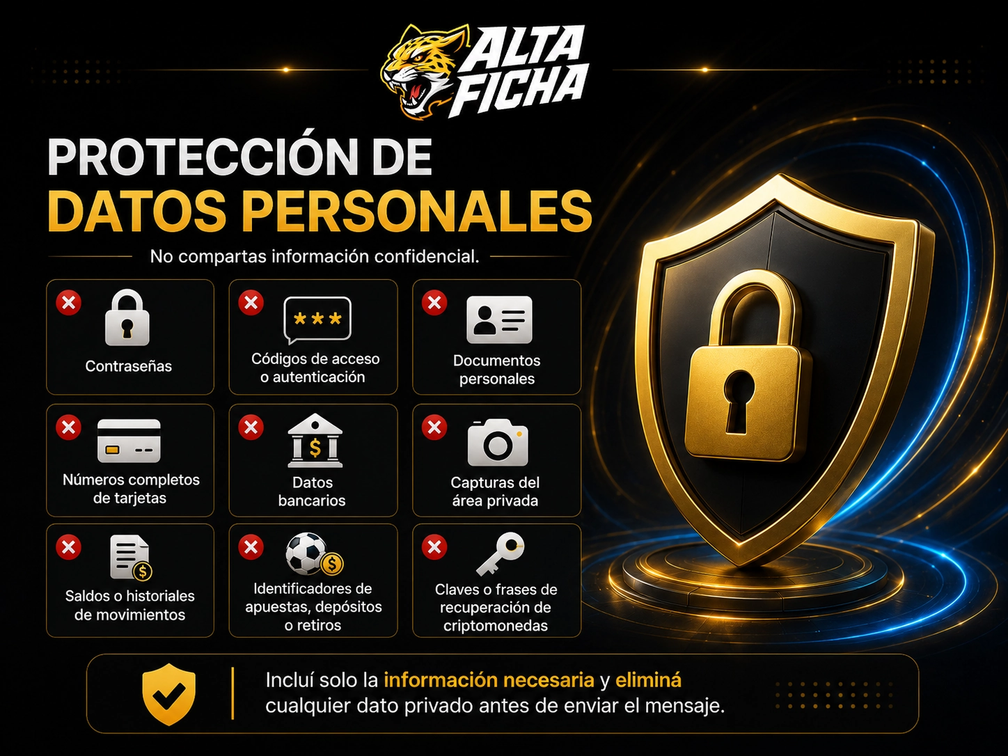	Imagen de advertencia sobre no compartir información confidencial en el formulario, como contraseñas, documentos, datos bancarios, tarjetas o claves de criptomonedas.
